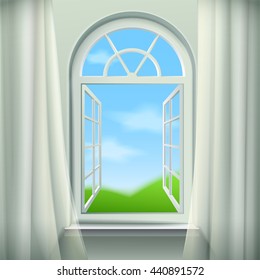 Open Arched Window with White Curtains Background Realistic Vector Decorative Illustration