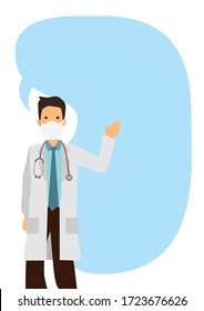 Open arm young doctor with giant speech bubble against white isolated background. Flat cartoon character vector illustration.