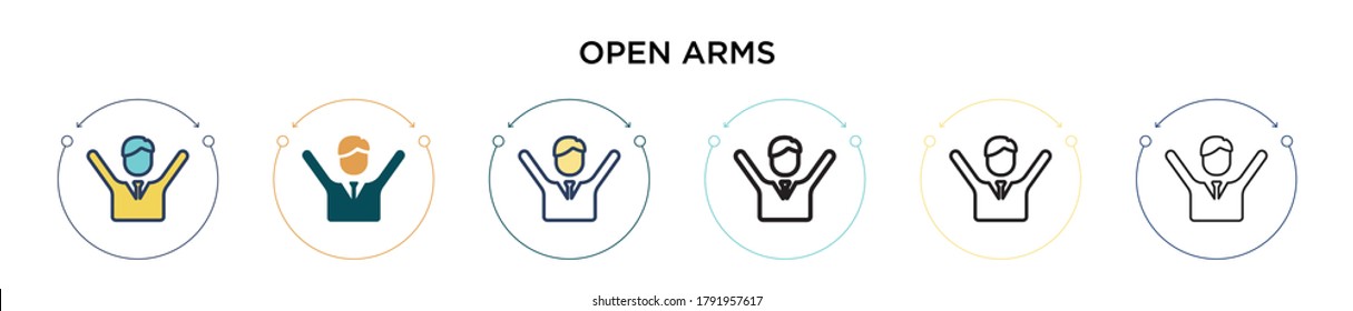 Open arms icon in filled, thin line, outline and stroke style. Vector illustration of two colored and black open arms vector icons designs can be used for mobile, ui, web