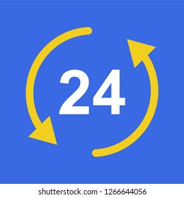 Open around the clock, 24 hours a day icon. 24 hour and arrow