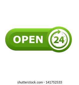 Open around the clock, 24 hours a day icon isolated on white background. Stylized green symbol. Vector