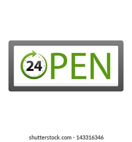 Open around the clock 24 hours a day sign isolated on white background. Stylized green vector sticker