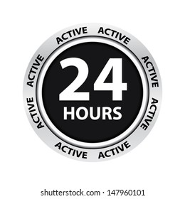 Open around the clock, 24 hours active a day and 7 days a week label and sticker on black background and metal border. Vector 