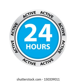 Open around the clock, 24 hours active a day blue icon. Vector