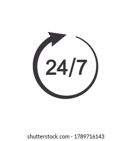 Open around the clock or 24 hours a day and 7 days a week icon or symbol isolated on white. Vector illustration.