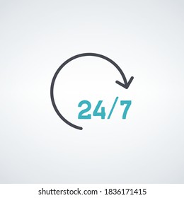 Open around the clock or 24 hours a day and 7 days a week icon or symbol isolated on white background. Vector illustration