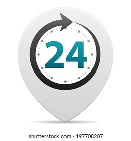Open around the clock or 24 hours a day and 7 days a week symbol on map pin icon isolated on white background. Vector illustration
