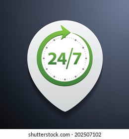 Open around the clock or 24 hours a day and 7 days a week symbol on map pin icon isolated on white background. Vector illustration