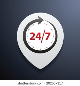 Open around the clock or 24 hours a day and 7 days a week symbol on map pin icon isolated on white background. Vector illustration