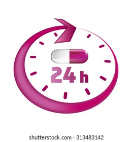 Open around the clock, 24 hours take drugs stylized vector icon