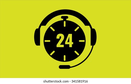 Open around the clock, 24 hours a day icon isolated on yellow background. Stylized black vector icon