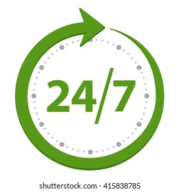 Open around the clock, 24 hours a day and 7 days a week flat green stylized icon isolated on white background. Vector illustration