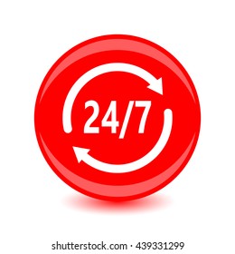 Open around the clock or 24 hours a day and 7 days a week icon or symbol isolated on red background. Vector illustration