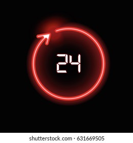 Open around the clock - 24 hours a day, 7 days a week sign, vector luminous illustration isolated on black background