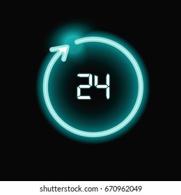 Open around the clock - 24 hours a day, 7 days a week sign, vector blue luminous illustration isolated on black background 