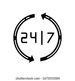 Abre alrededor del icono de glifo negro del reloj. Servicio las 24 horas. Tienda abierta todos los días. 24 horas comercio y venta al por menor. Símbolo de silueta en el espacio blanco. Ilustración aislada de vectores