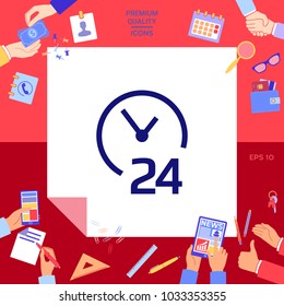 Open around the clock icon. Opening hours symbol icon