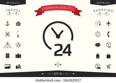 Open around the clock icon. Opening hours symbol icon