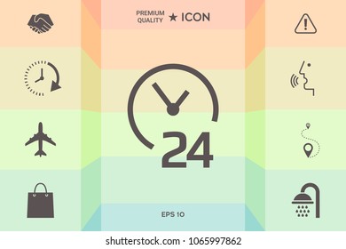 Open around the clock icon. Opening hours symbol icon
