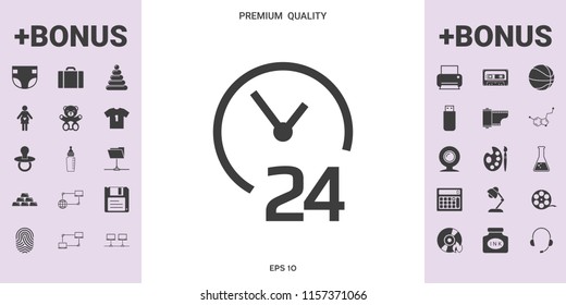 Open around the clock icon. Opening hours symbol icon