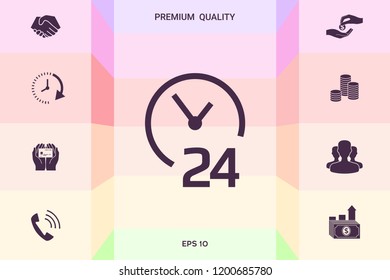 Open around the clock icon. Opening hours symbol icon