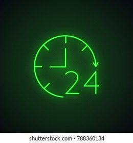Open around the clock neon light icon. Glowing sign. Open 24 hours a day. Vector isolated illustration