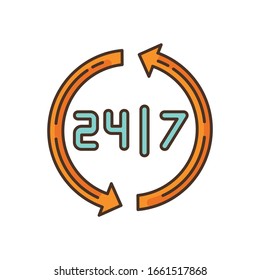 Open around the clock RGB color icon. 24 7 hour service. Everyday open store. Highly available industry. Twenty four seven hours commerce and retail. Circular arrows. Isolated vector illustration