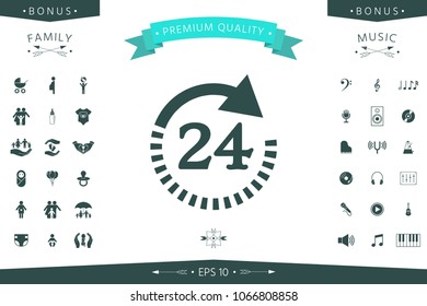Open around the clock symbol icon. Opening hours symbol icon