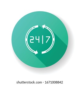 Open around the clock turquoise flat design long shadow glyph icon. 24 7 hour service. Everyday open store. Twenty four seven hours retail. Circular arrows. Silhouette RGB color illustration
