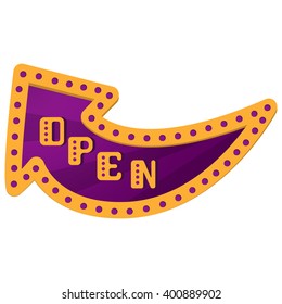 Open an arrow with neon lights. Retro label with bulbs.The opening of the store. Grand opening. Retro arrow. Flat style.