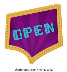Open an arrow with neon lights. Retro label with bulbs.The opening of the store. Grand opening.