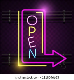 Open Arrow Sign Neon Purple Background Vector Image
