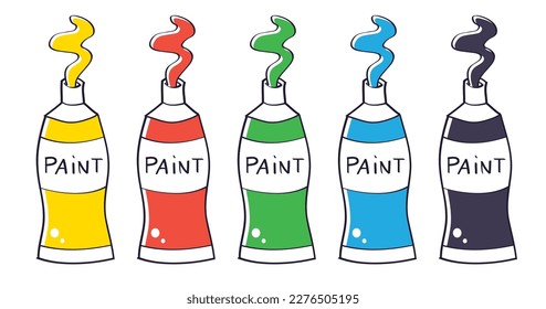 Open art paint tube colors set isolated vector illustration, squeezed smear. Oil, acrylic or watercolor painting.