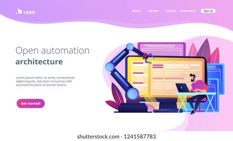 Open automation architecture, open source robotics soft, free development concept. Website vibrant violet landing web page template.