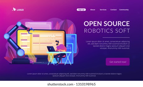 Arquitectura de automatización abierta, robótica de código abierto suave, concepto de desarrollo libre. Plantilla de página web de aterrizaje violeta vibrante del sitio web.