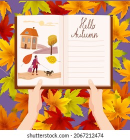 Open Autumn Daily Diary notepad, list schedule, goals, to do, acorn, autumn leaves. Background heap of colorful autumn leaves . Vector illustration modern cartoon style