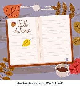 Open Autumn Daily Diary notepad, list schedule, goals, to do, acorn, autumn leaves, coffe cup. Personal planning and organisation, organizer page. Vector illustration modern cartoon style