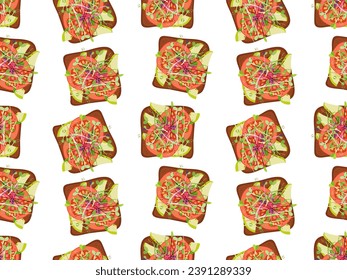 Open avocado tomato Toast Seamless pattern. Lunch, dinner, breakfast food. Bakery Pastry Vector repeated background for wallpaper, textile, wrapping, print. Flat design for menu, cafe, restaurant.