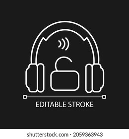 Open back headphones white linear icon for dark theme. Over ear earphones for music mastering. Thin line customizable illustration. Isolated vector contour symbol for night mode. Editable stroke