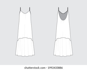 trajes de maxi, frontal y posterior, dibujando bocetos técnicos planos de prendas con ilustración vectorial.