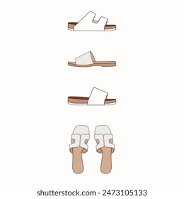 Open back sandals set in neutral hues on white background. Light sandal vector illustration in flat style. Vacation casual footwear trendy mini collection. Isoleted slippers summer set