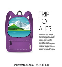 Open backpack with alpine landscape inside.