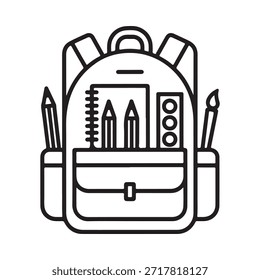 Mochila abierta llena de útiles escolares y artísticos en un estilo de línea de arte
