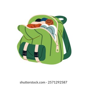 Open backpack full of clothes for vacation journey. Hiking bag with travel items, things. Baggage, carry on luggage for holiday trip, tour. Tourism concept. Flat isolated vector illustration on white