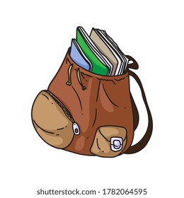 Open Backpack. Isolated Cartoon Brown Open School Or College Bag With Books And Notebooks Doodle Icon. Student Child Schoolbag Backpack Object. Vector Education And Study Concept