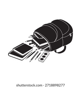 Mochila abierta rebosante de útiles escolares, libros y artículos de papelería