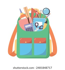Open backpack with school supplies. School bag with copybooks and stationery. Colored flat vector illustration isolated on white background
