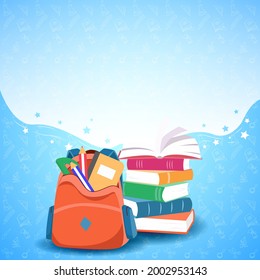 An open backpack with school supplies. Nearby is a stack of books, the top book is open. Background and poster or promotion back to school