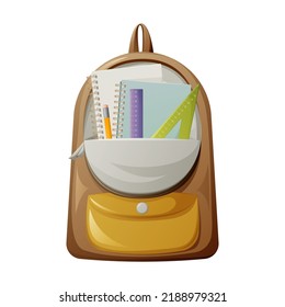 Open backpack with school supplies, vector illustration. Notebooks on rings, ruler, triangle and pencil. Schoolbag or student bag
