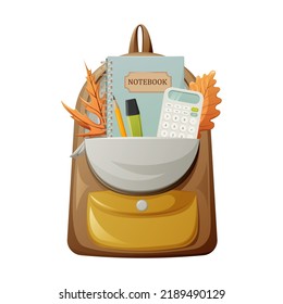 Open backpack with school supplies, vector illustration. Notebook with rings, calculator, highlighter and pencil. Autumn leaves. Schoolbag or student bag